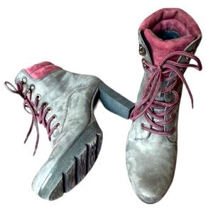 Paul Green Women’s Leather Suede Lace Up Stacked Heel Combat Boots US 9 UK 6.5